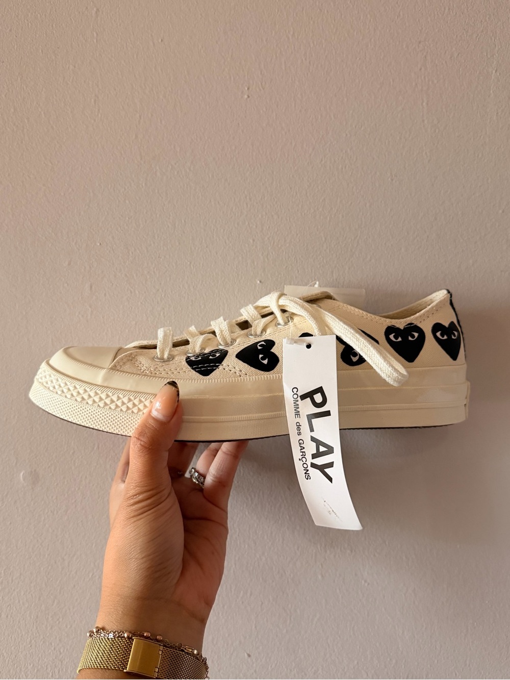 Comme des Garcons PLAY Beige Canvas Low-Top Sneakers with Black Heart Logo